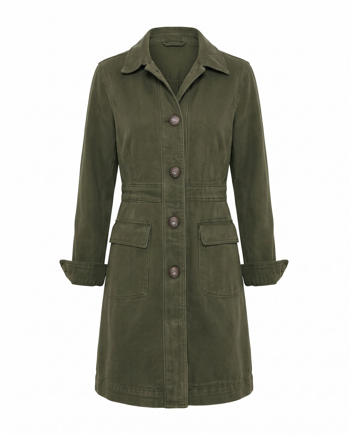 Maureen-Cordelia Women's Olive Utility Longline Trench Coat ghost mannequin product shot