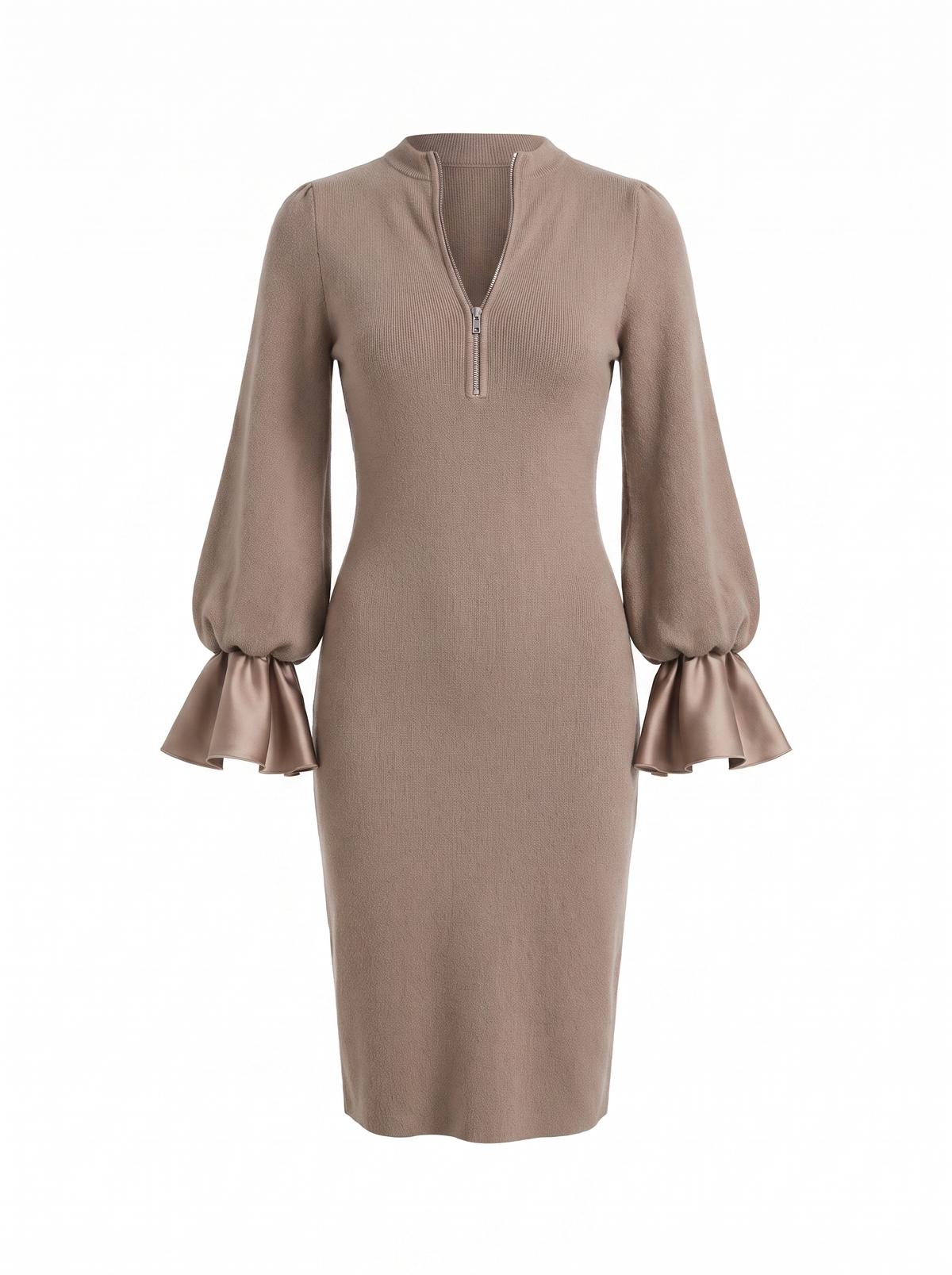 Odessa | Women's Zip-Front Balloon Sleeve Knit Midi Dress