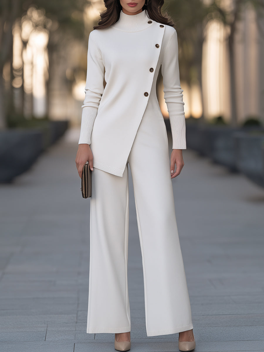 Roberta-Maureen | Women's Asymmetric Button Knit Wide-Leg Jumpsuit