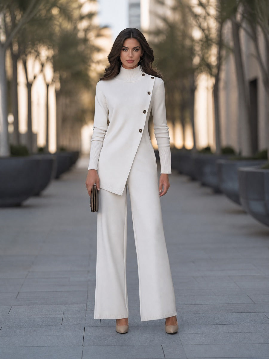 Roberta-Maureen | Women's Asymmetric Button Knit Wide-Leg Jumpsuit