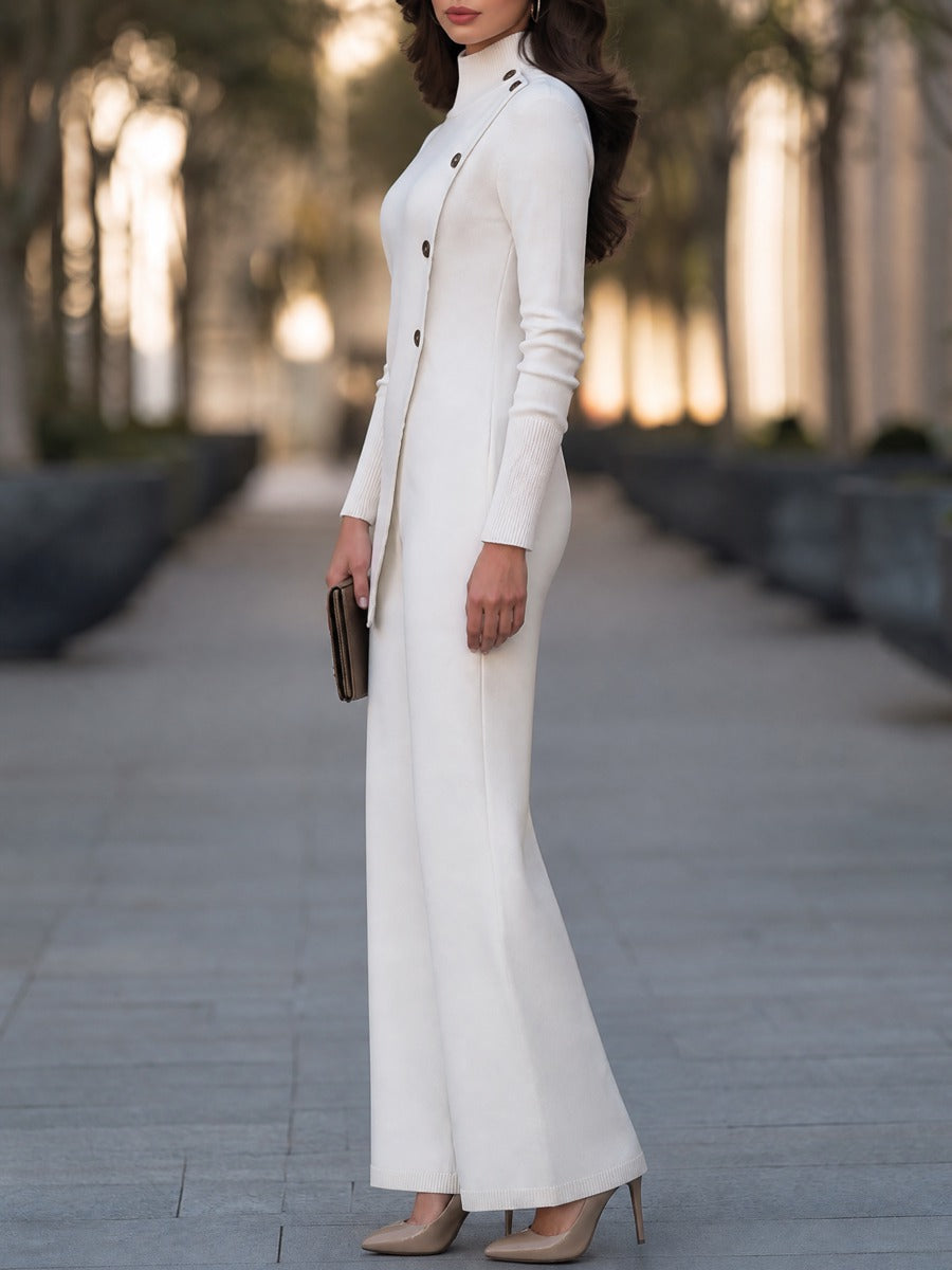 Roberta-Maureen | Women's Asymmetric Button Knit Wide-Leg Jumpsuit