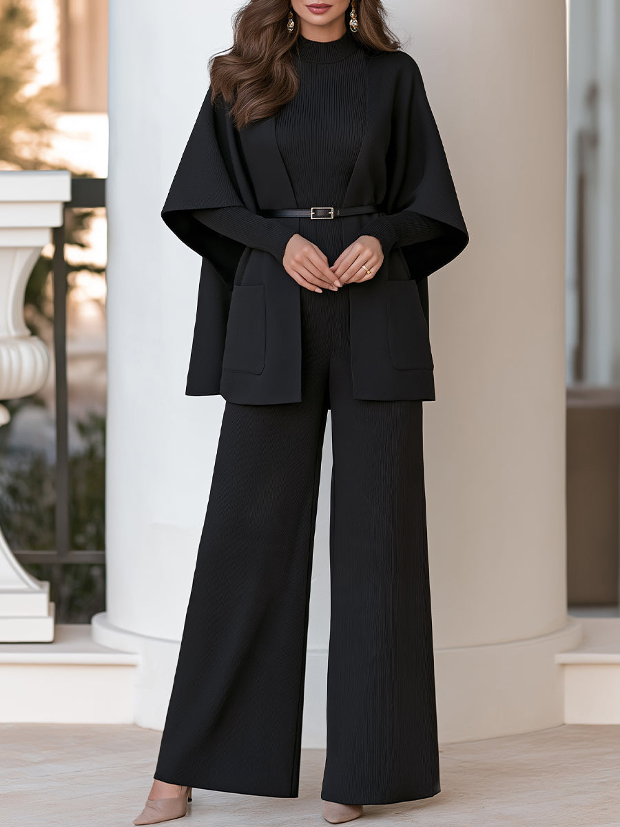 Lorraine | Women's Belted Cape Cardigan & Wide-Leg Pants Three-Piece Set