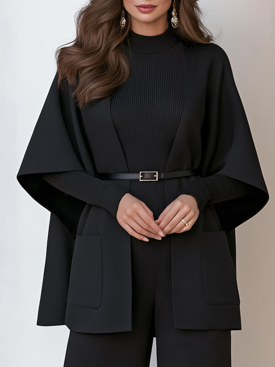 Lorraine | Women's Belted Cape Cardigan & Wide-Leg Pants Three-Piece Set