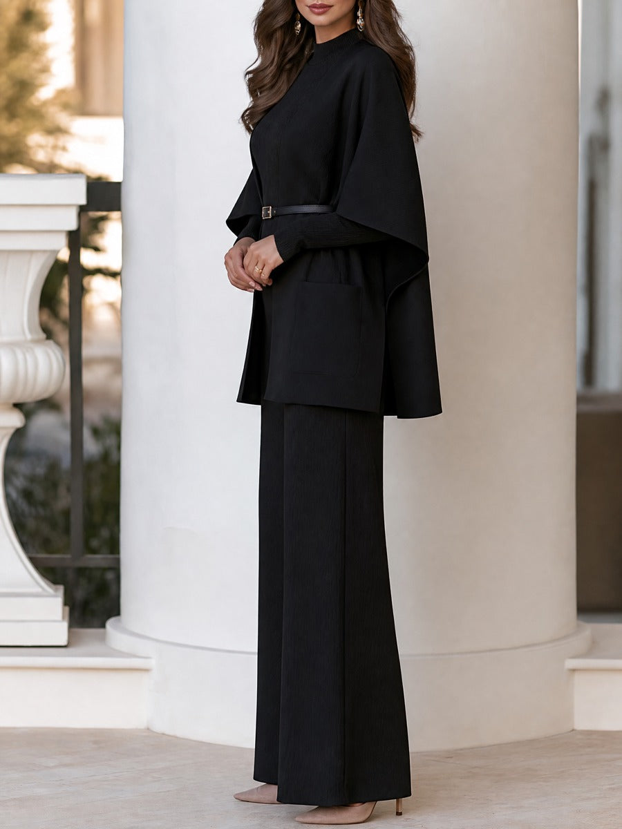 Lorraine | Women's Belted Cape Cardigan & Wide-Leg Pants Three-Piece Set