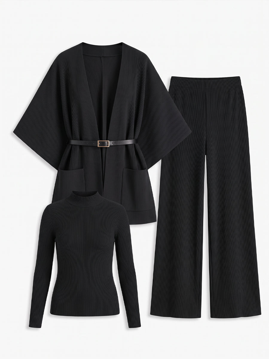 Lorraine | Women's Belted Cape Cardigan & Wide-Leg Pants Three-Piece Set