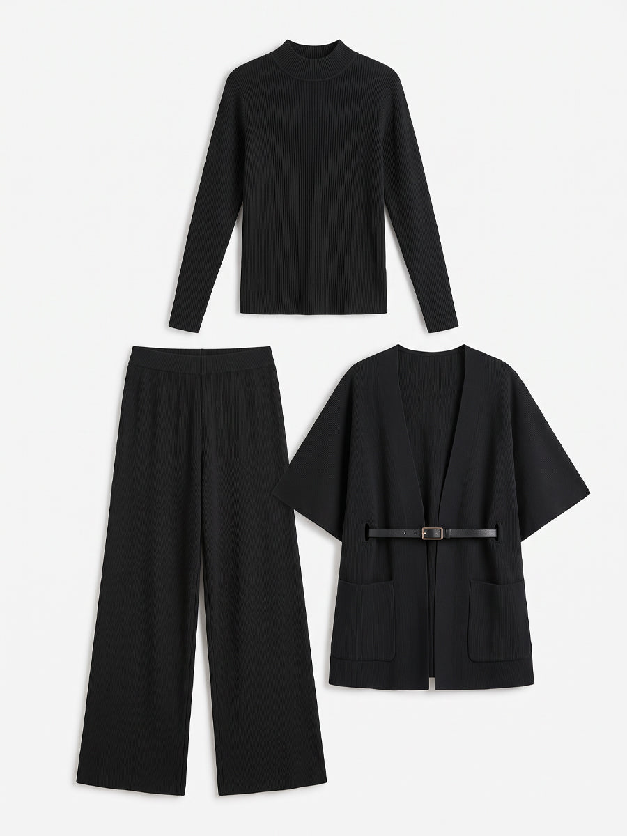 Lorraine | Women's Belted Cape Cardigan & Wide-Leg Pants Three-Piece Set