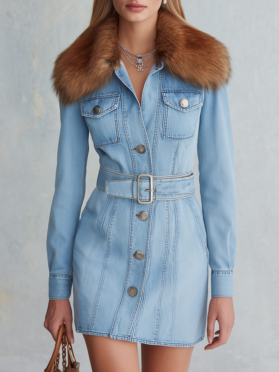 Zelda-Violet | Women's Belted Denim Mini Dress with Faux Fur Collar