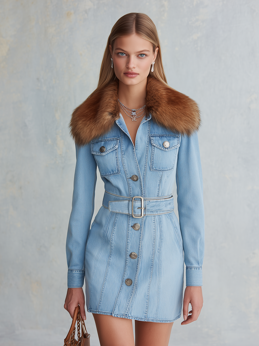 Zelda-Violet | Women's Belted Denim Mini Dress with Faux Fur Collar