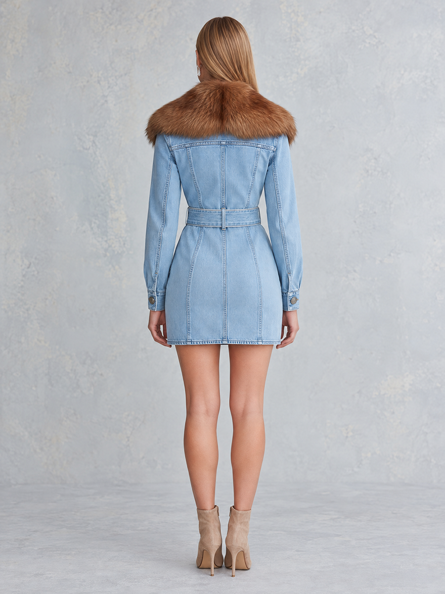 Zelda-Violet | Women's Belted Denim Mini Dress with Faux Fur Collar
