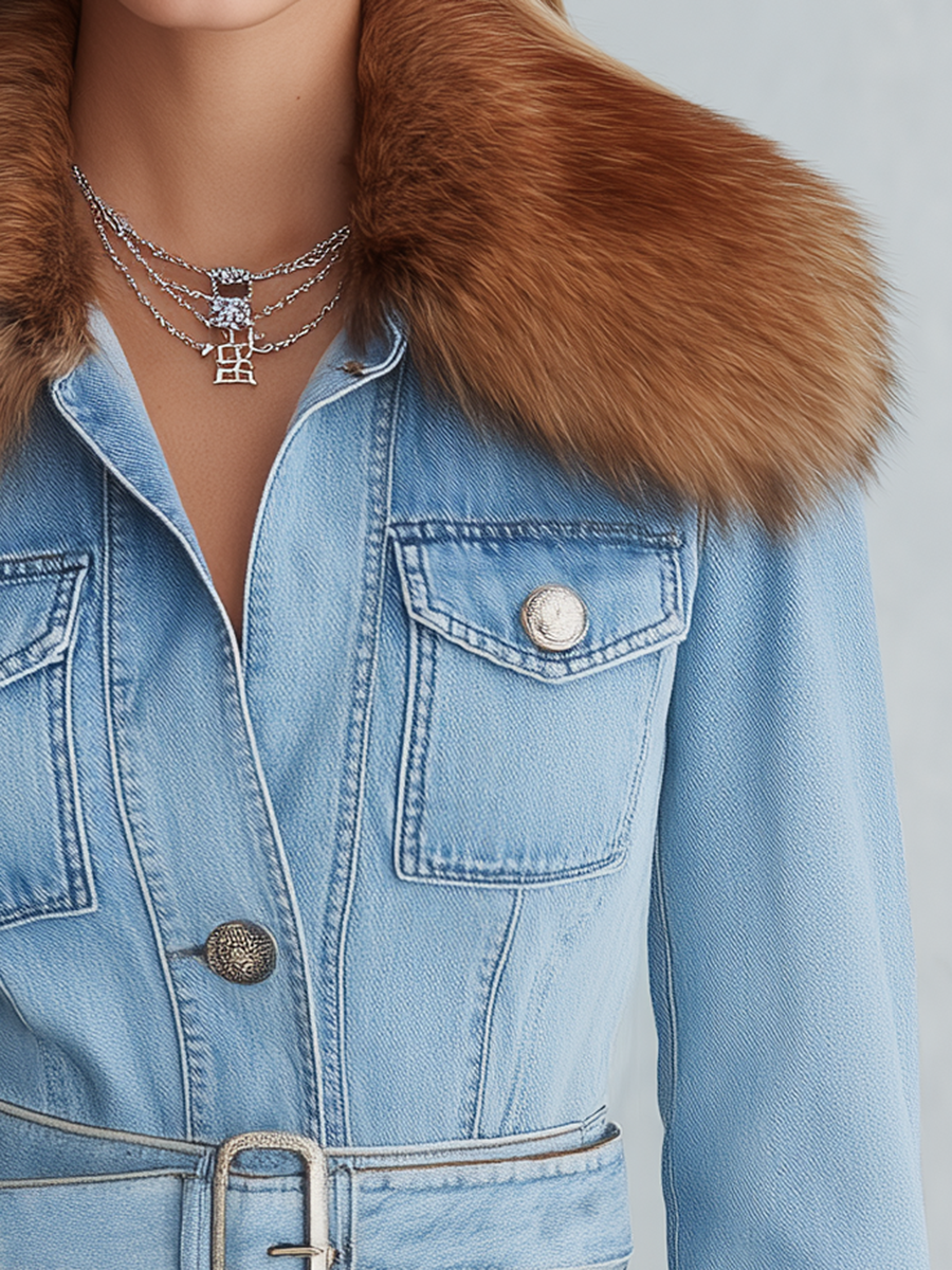Zelda-Violet | Women's Belted Denim Mini Dress with Faux Fur Collar
