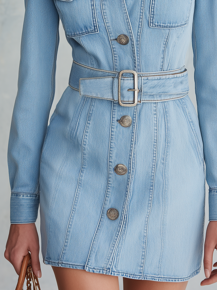 Zelda-Violet | Women's Belted Denim Mini Dress with Faux Fur Collar