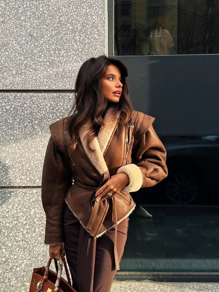 Violet | Women's Belted Trench Coat with Shearling Trim