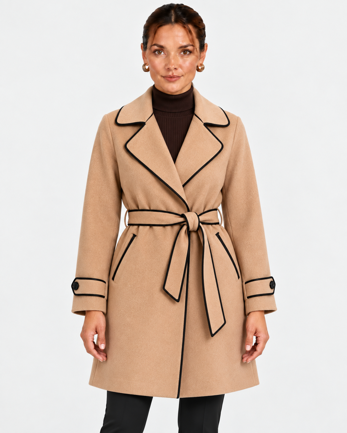 Greta | Women's Belted Wrap Coat with Contrast Trim