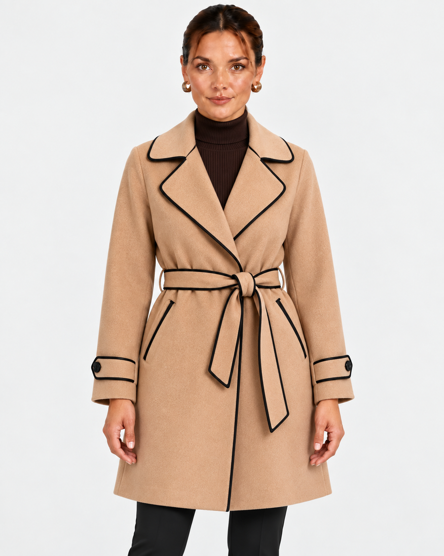 Greta | Women's Belted Wrap Coat with Contrast Trim
