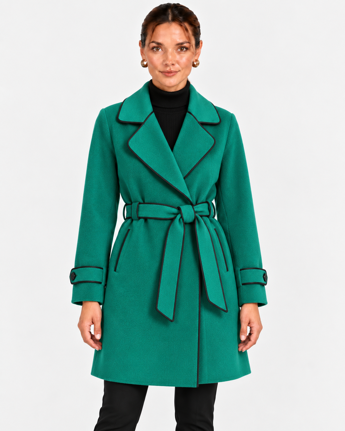 Greta | Women's Belted Wrap Coat with Contrast Trim
