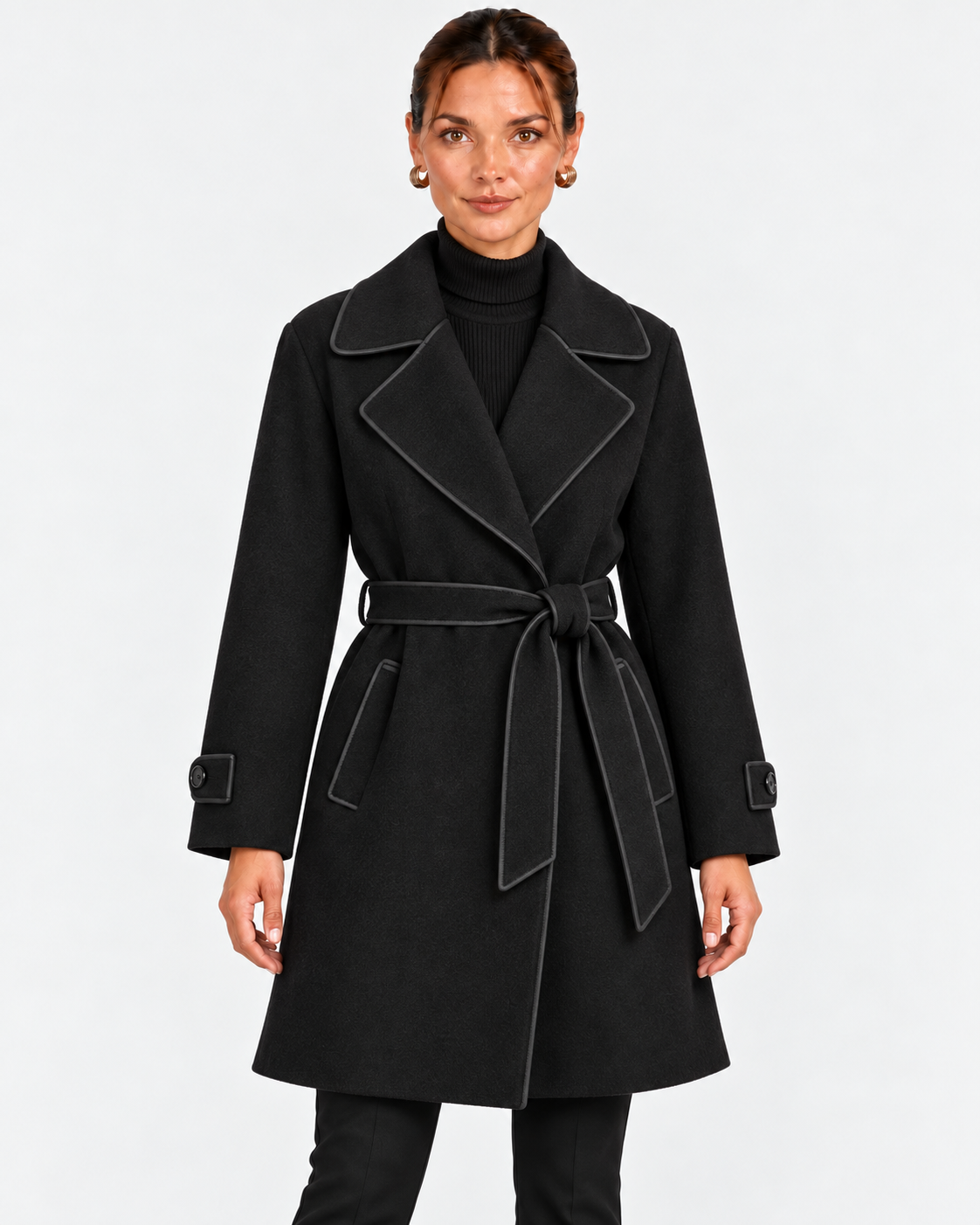 Greta | Women's Belted Wrap Coat with Contrast Trim