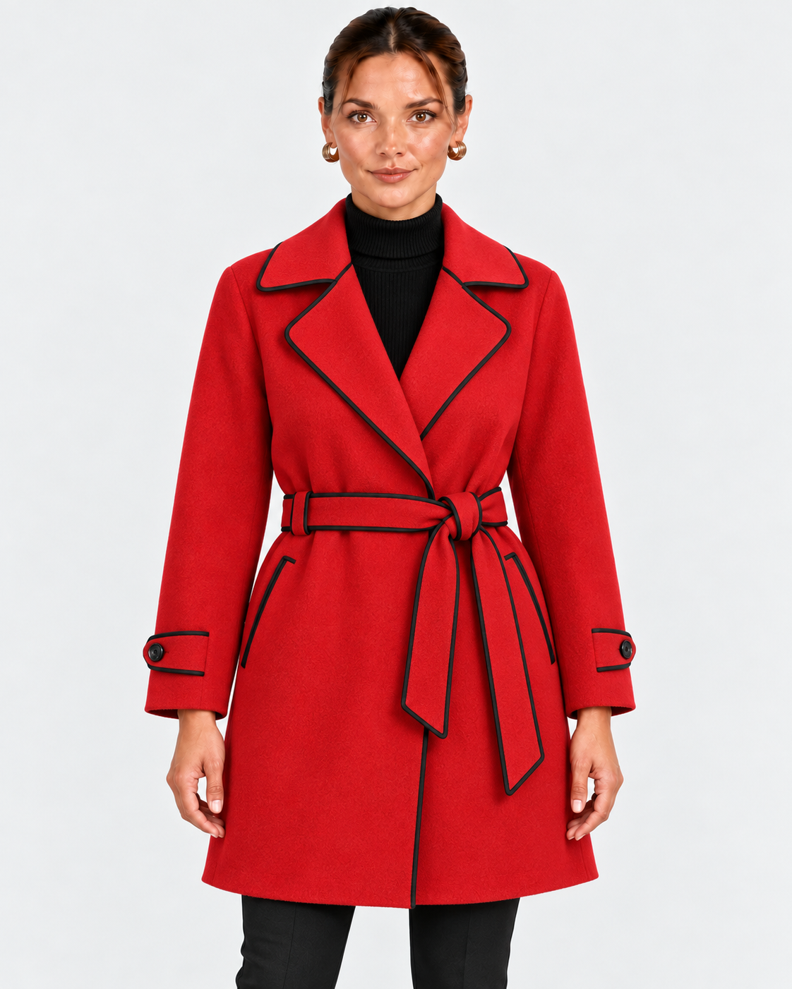 Greta | Women's Belted Wrap Coat with Contrast Trim