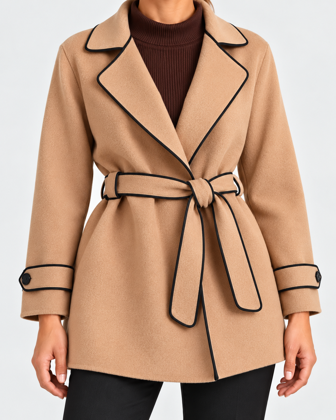 Greta | Women's Belted Wrap Coat with Contrast Trim