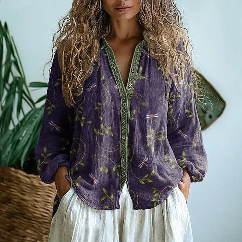 Nadine-Lorraine | Women's Boho V-Neck Printed Linen Blouse