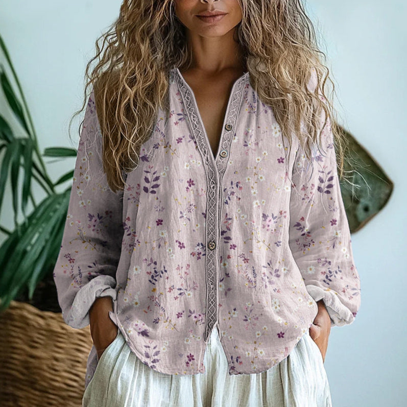 Nadine-Lorraine | Women's Boho V-Neck Printed Linen Blouse