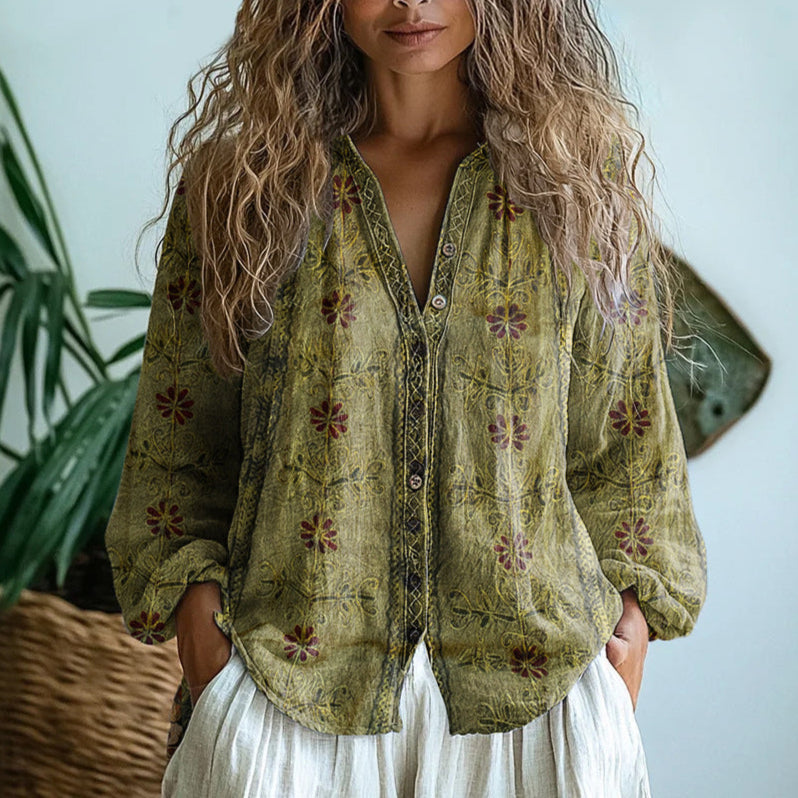 Nadine-Lorraine | Women's Boho V-Neck Printed Linen Blouse