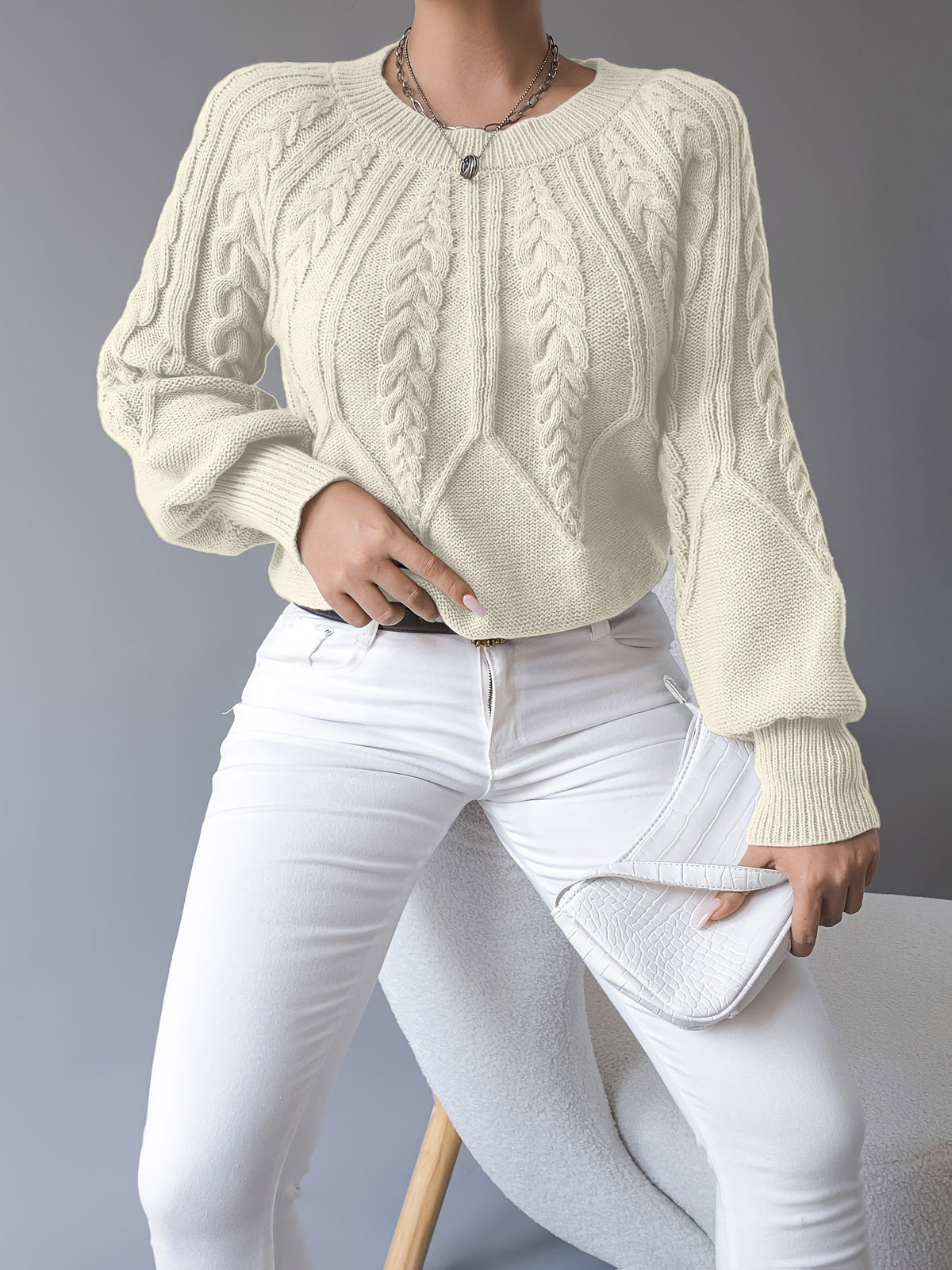 Sybil-Blanche | Women's Cable-Knit Cropped Lantern-Sleeve Jumper