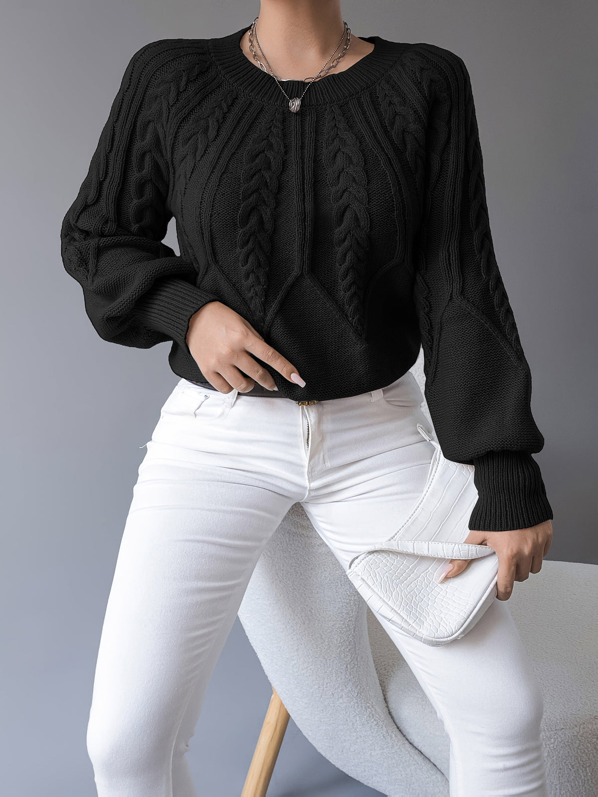 Sybil-Blanche | Women's Cable-Knit Cropped Lantern-Sleeve Jumper