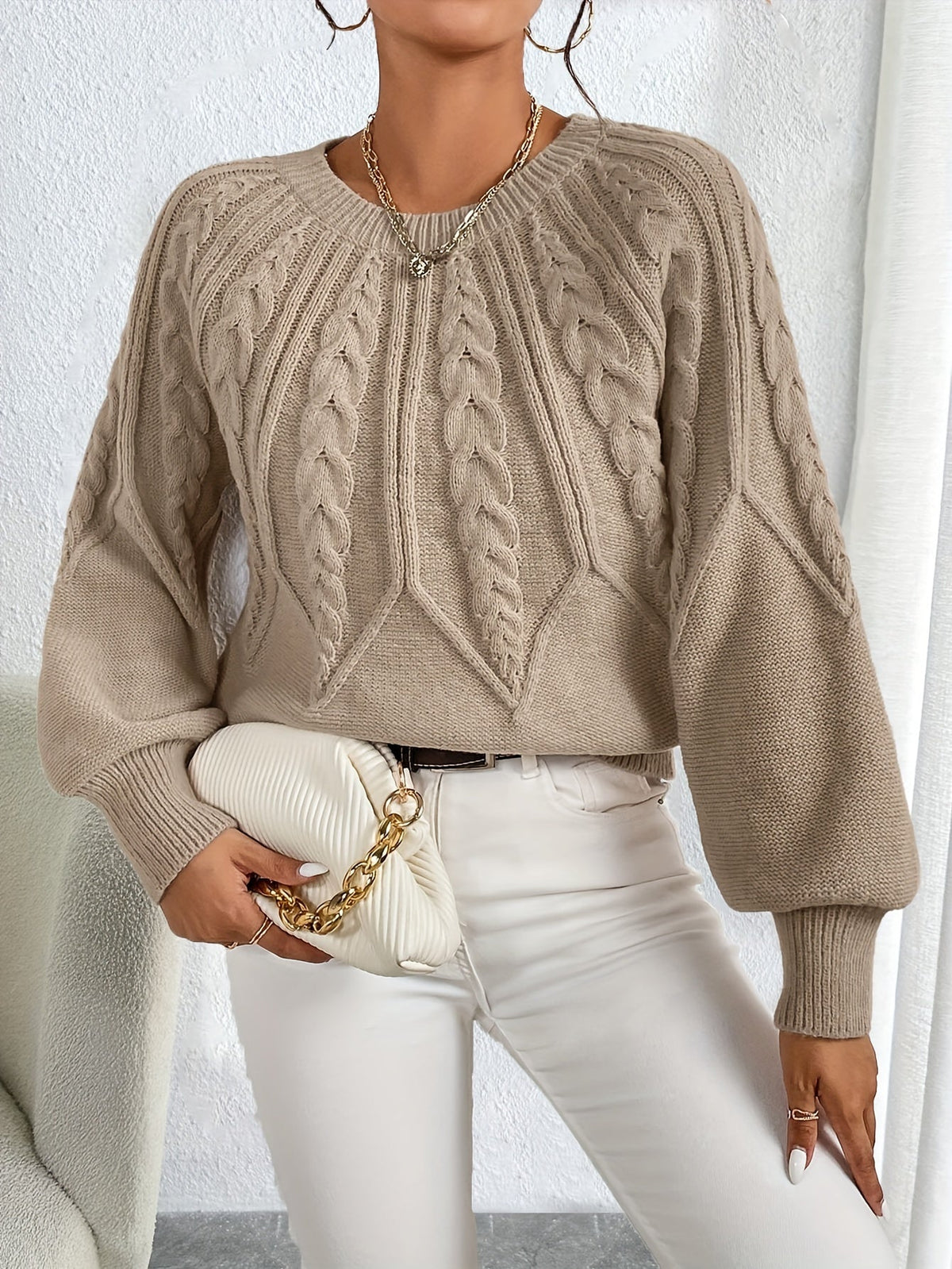 Sybil-Blanche | Women's Cable-Knit Cropped Lantern-Sleeve Jumper