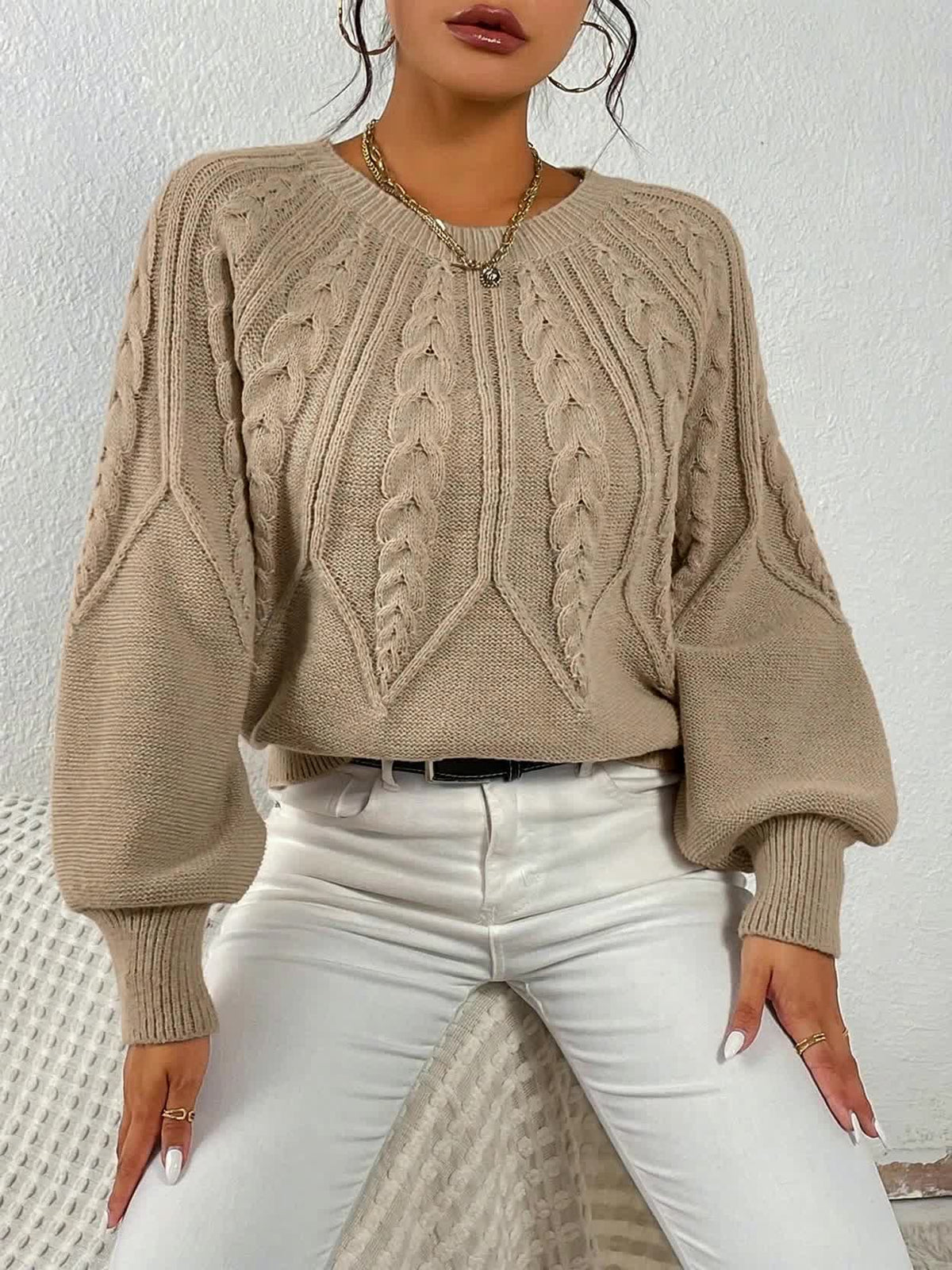 Sybil-Blanche | Women's Cable-Knit Cropped Lantern-Sleeve Jumper