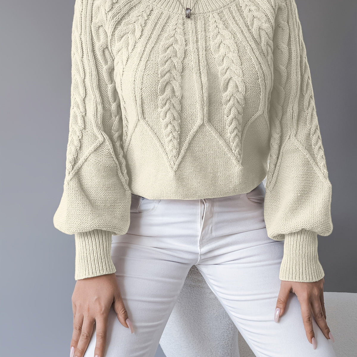 Sybil-Blanche | Women's Cable-Knit Cropped Lantern-Sleeve Jumper