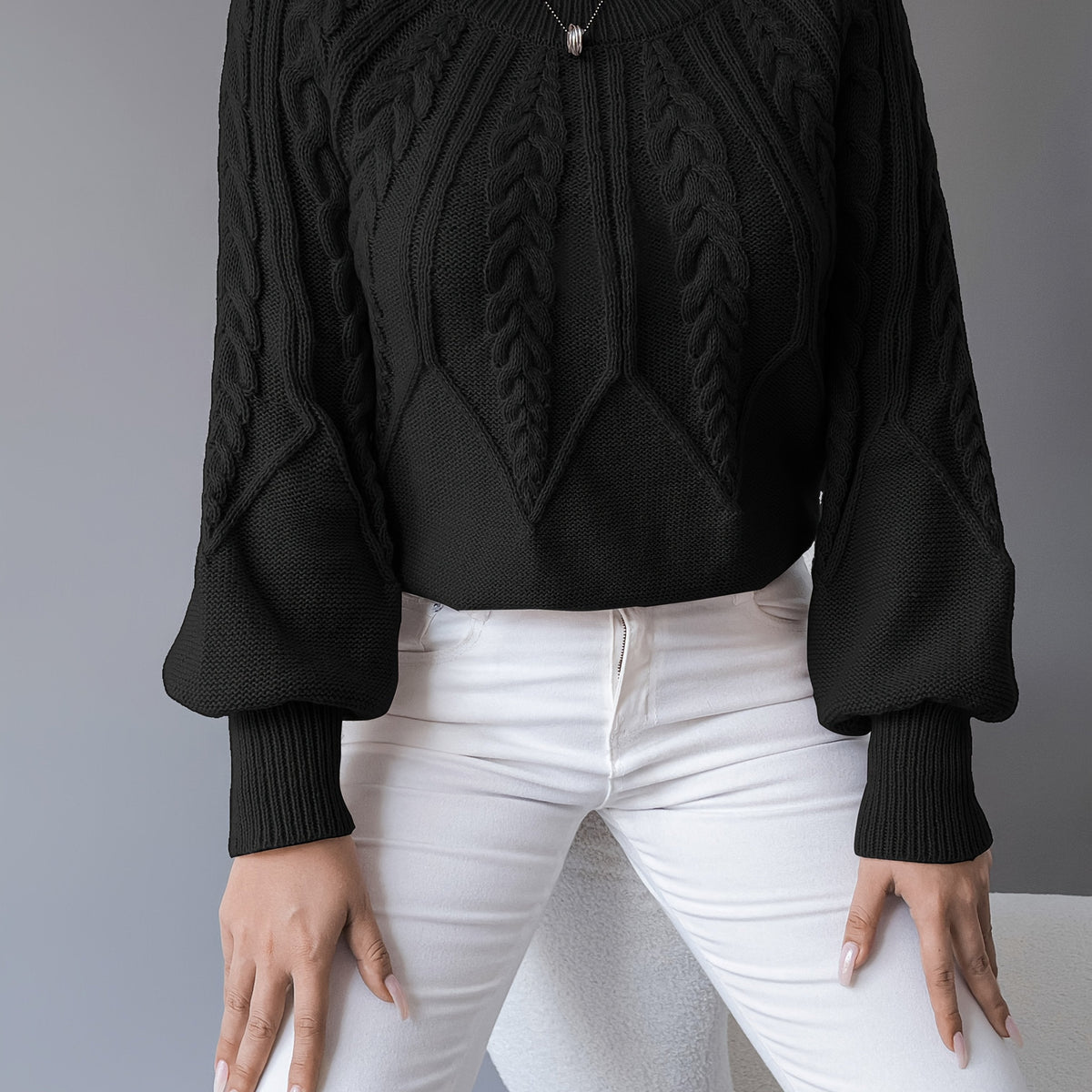 Sybil-Blanche | Women's Cable-Knit Cropped Lantern-Sleeve Jumper