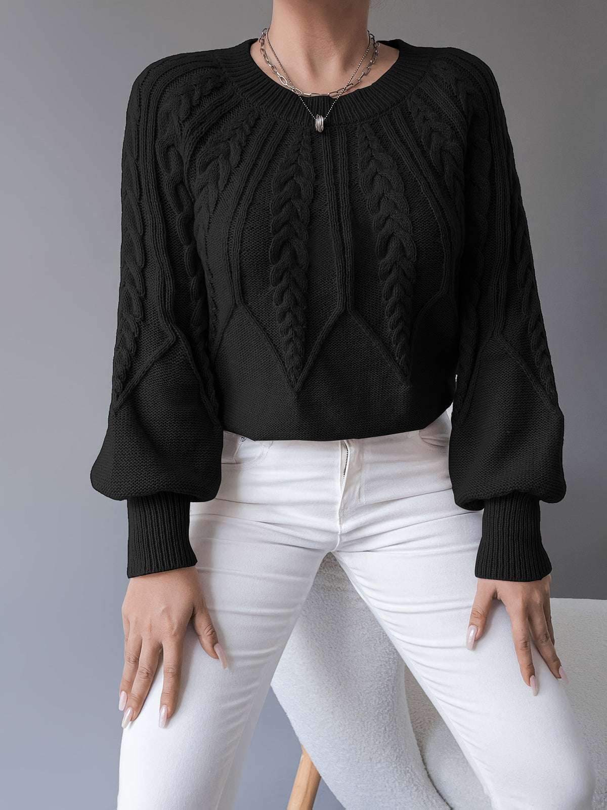 Sybil-Blanche | Women's Cable-Knit Cropped Lantern-Sleeve Jumper