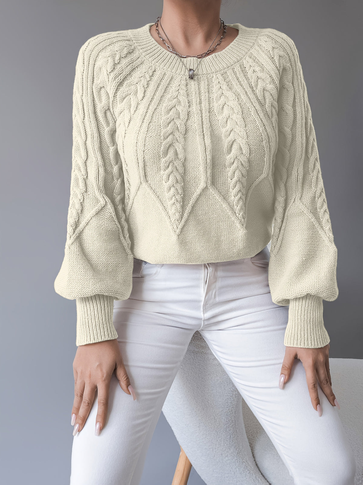 Sybil-Blanche | Women's Cable-Knit Cropped Lantern-Sleeve Jumper