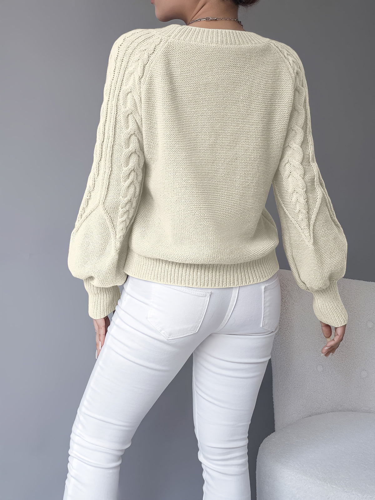 Sybil-Blanche | Women's Cable-Knit Cropped Lantern-Sleeve Jumper