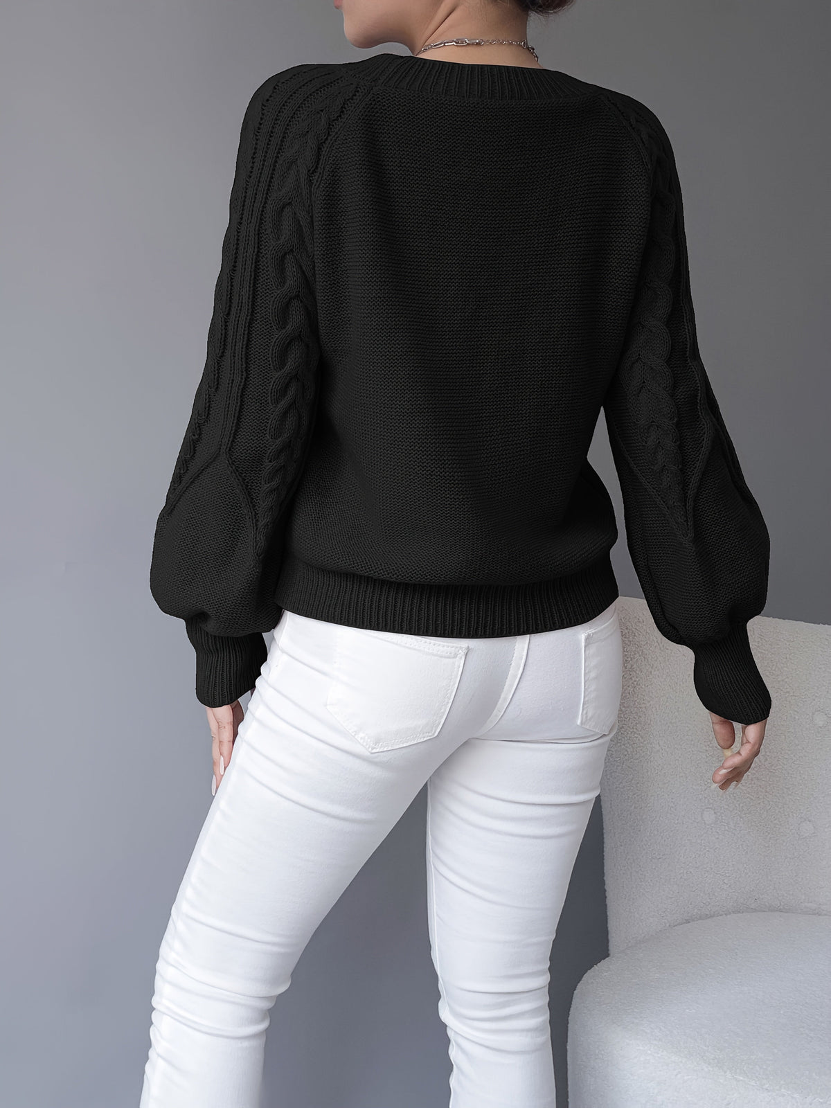 Sybil-Blanche | Women's Cable-Knit Cropped Lantern-Sleeve Jumper