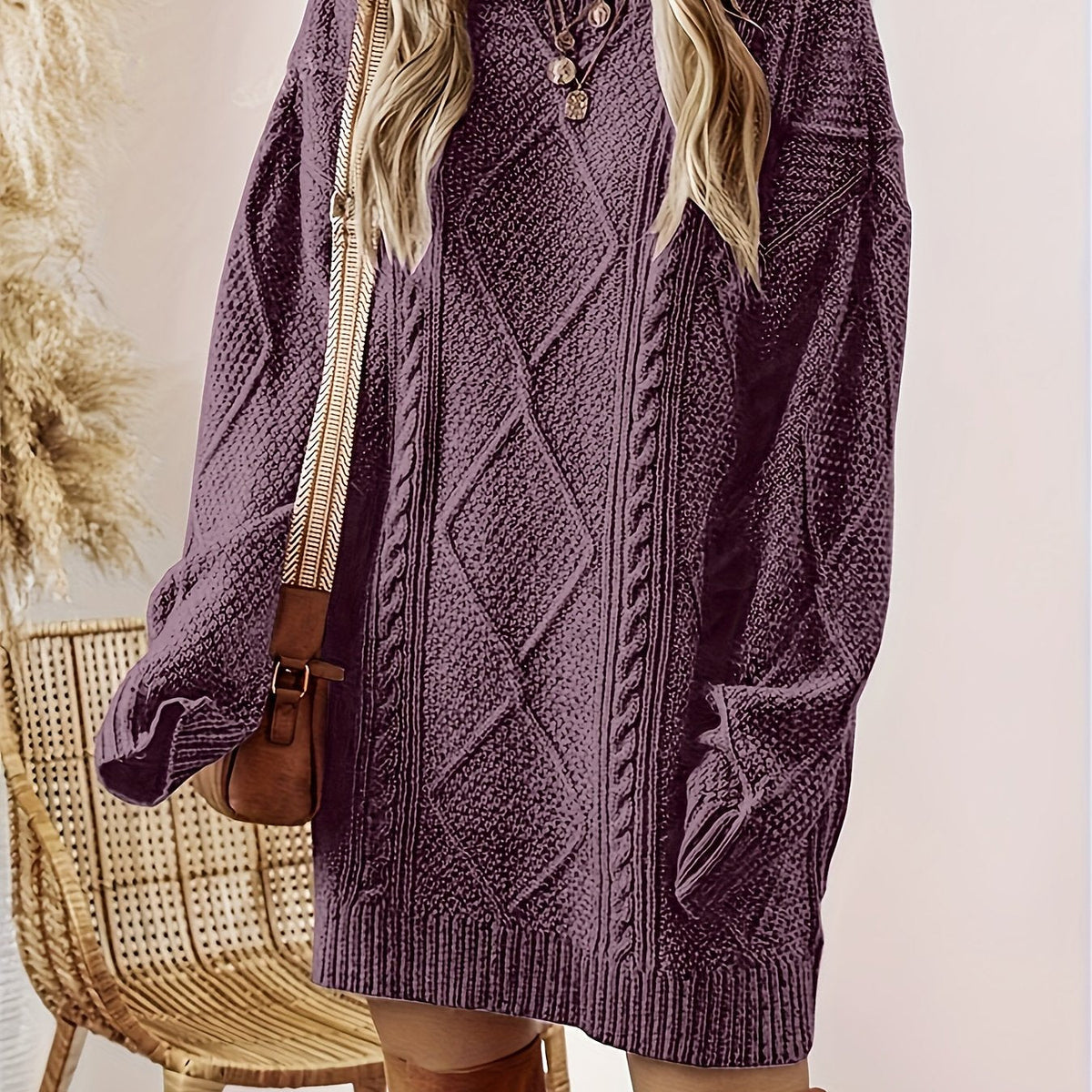 Genevieve-Beatrix | Women's Cable-Knit Diamond-Textured Sweater Dress