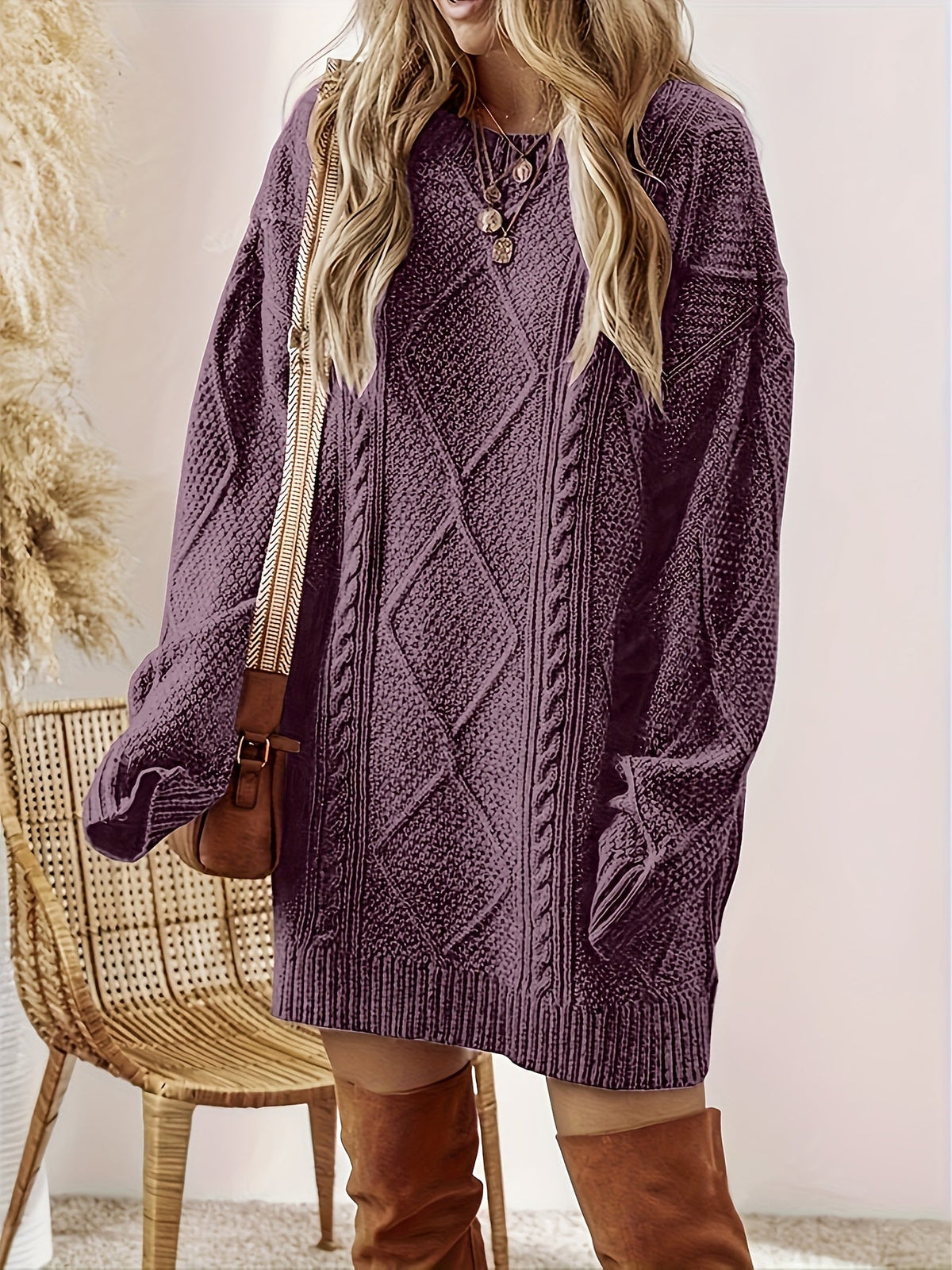 Genevieve-Beatrix | Women's Cable-Knit Diamond-Textured Sweater Dress