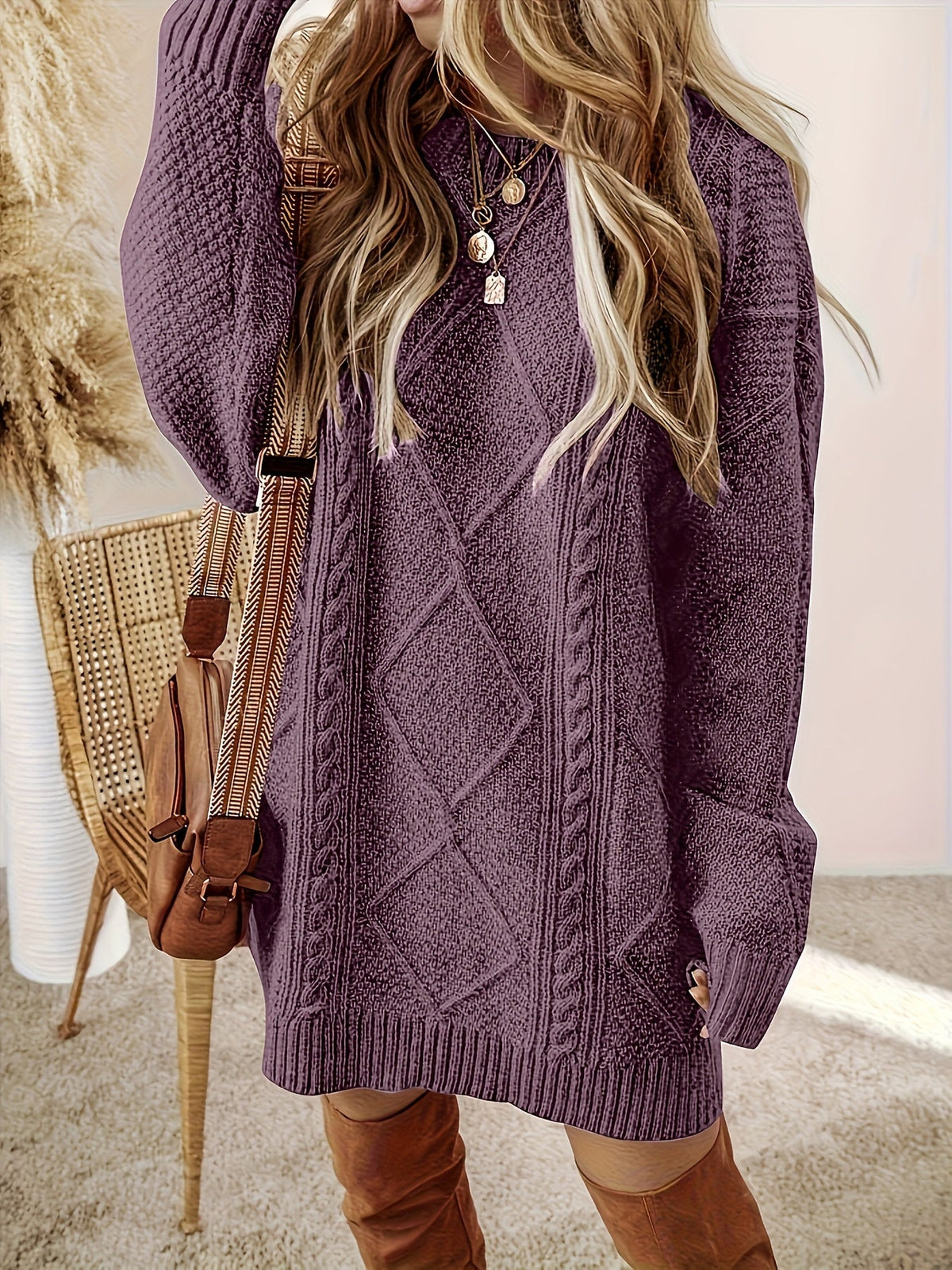 Genevieve-Beatrix | Women's Cable-Knit Diamond-Textured Sweater Dress