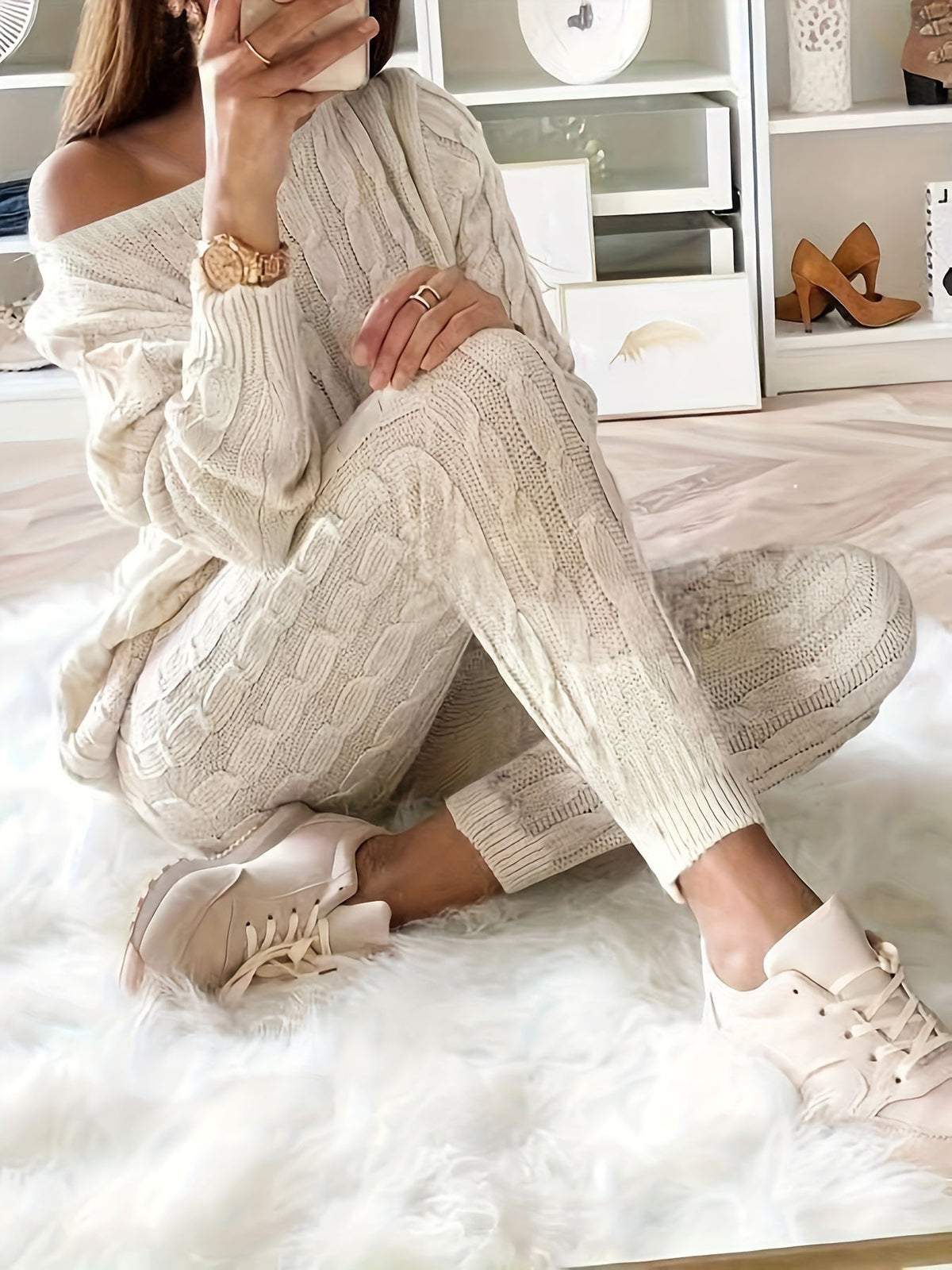 Judith-Clara | Women's Cable Knit Off-Shoulder Lounge Set