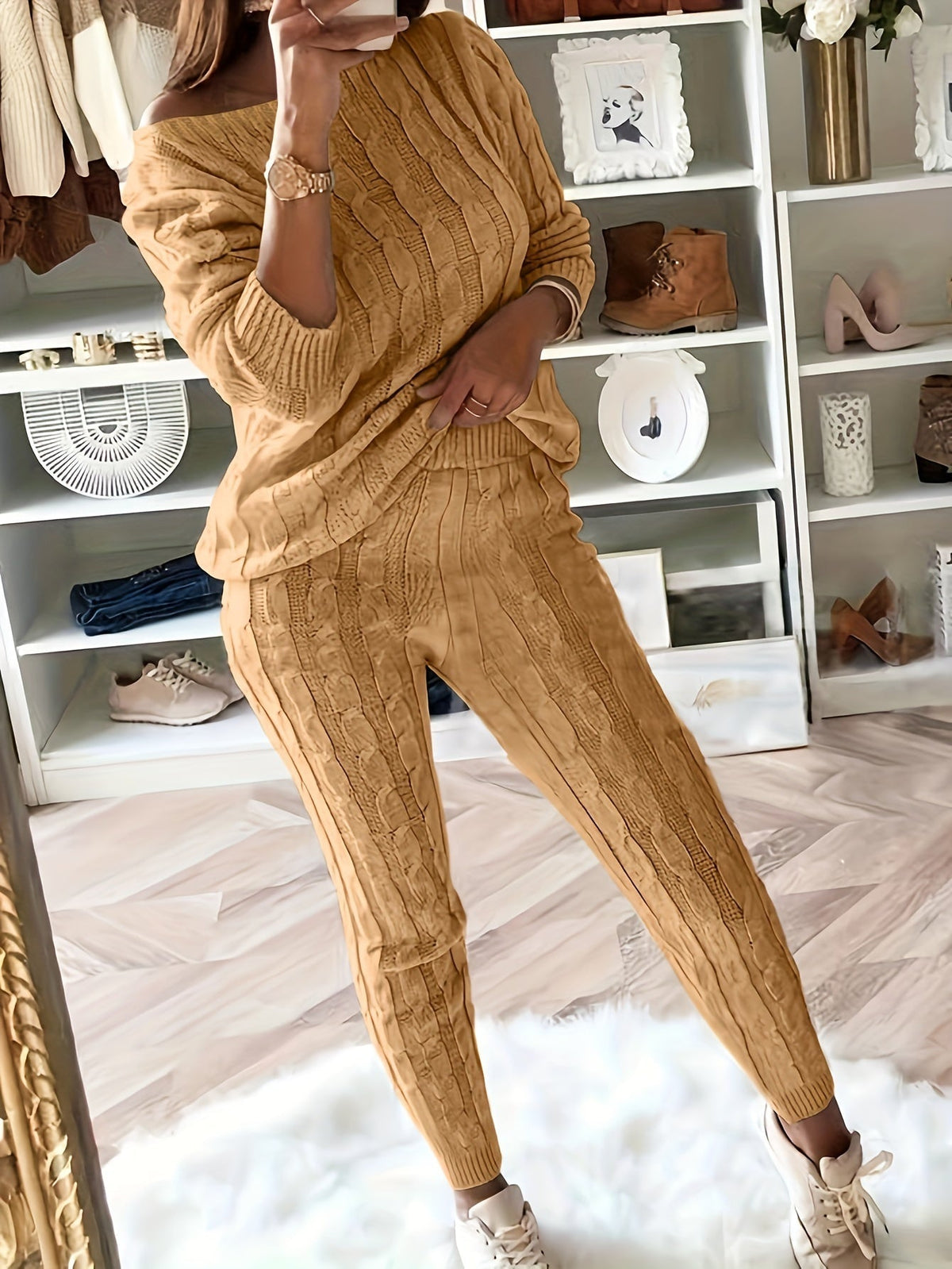 Judith-Clara | Women's Cable Knit Off-Shoulder Lounge Set