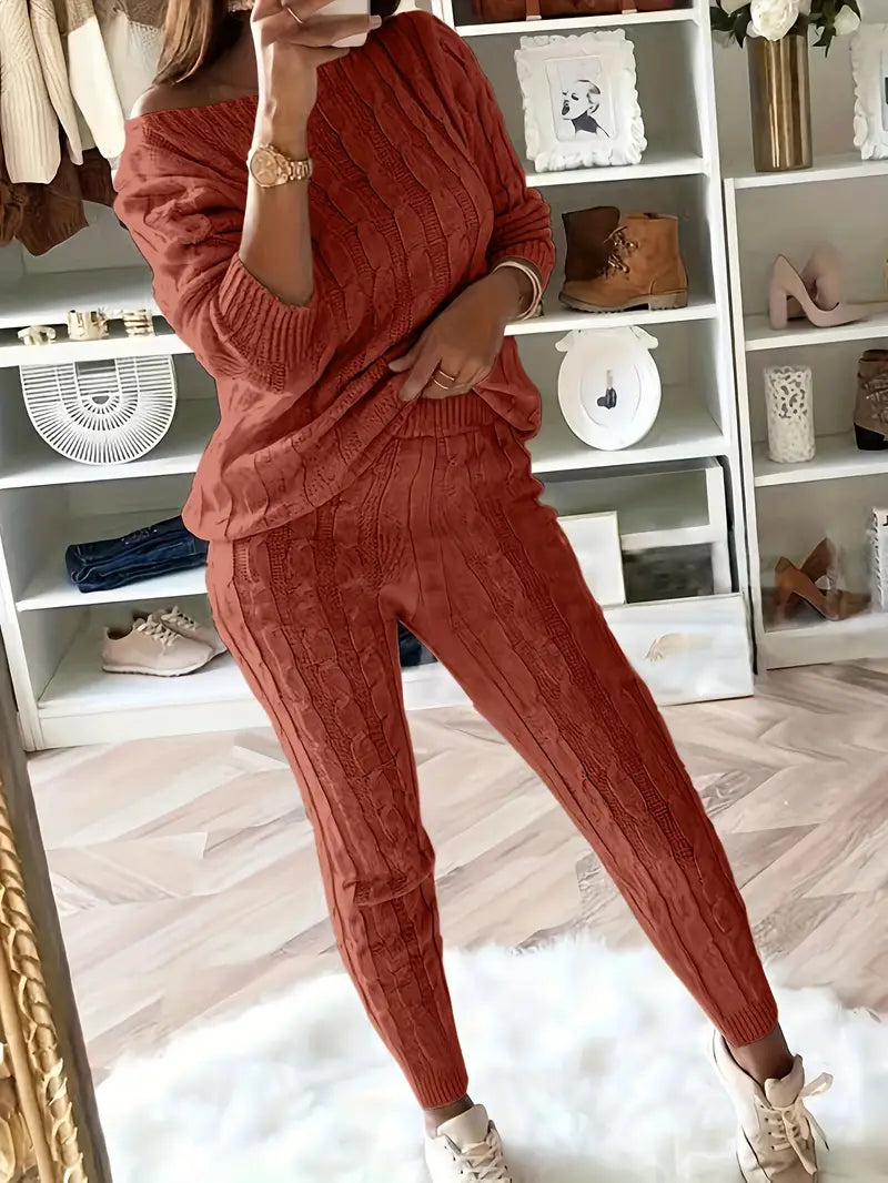 Judith-Clara | Women's Cable Knit Off-Shoulder Lounge Set