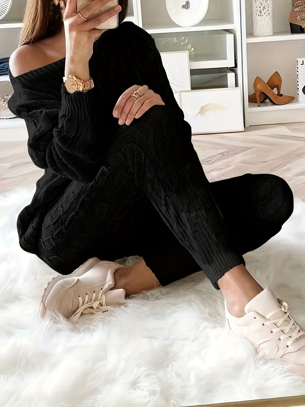 Judith-Clara | Women's Cable Knit Off-Shoulder Lounge Set