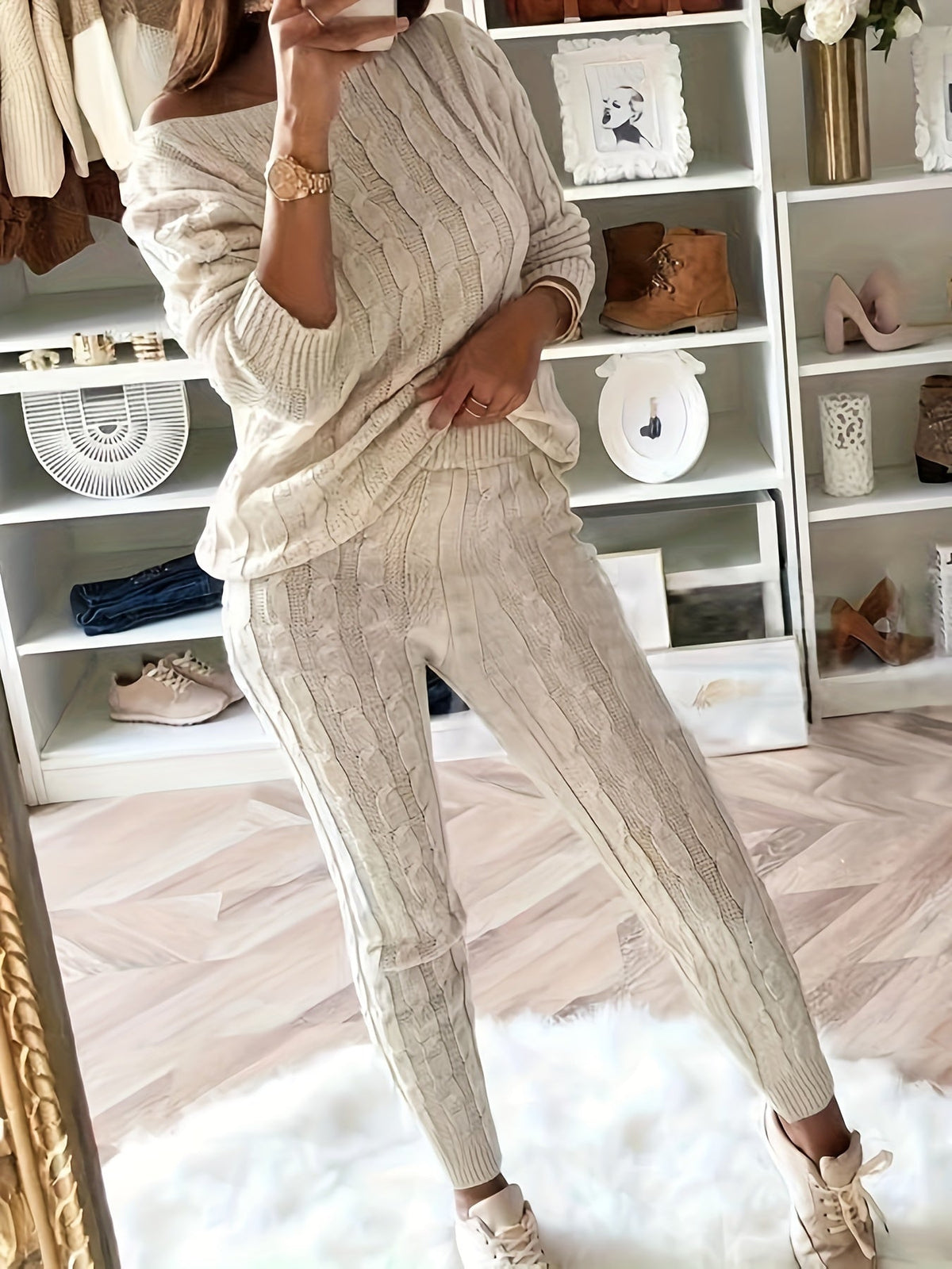 Judith-Clara | Women's Cable Knit Off-Shoulder Lounge Set