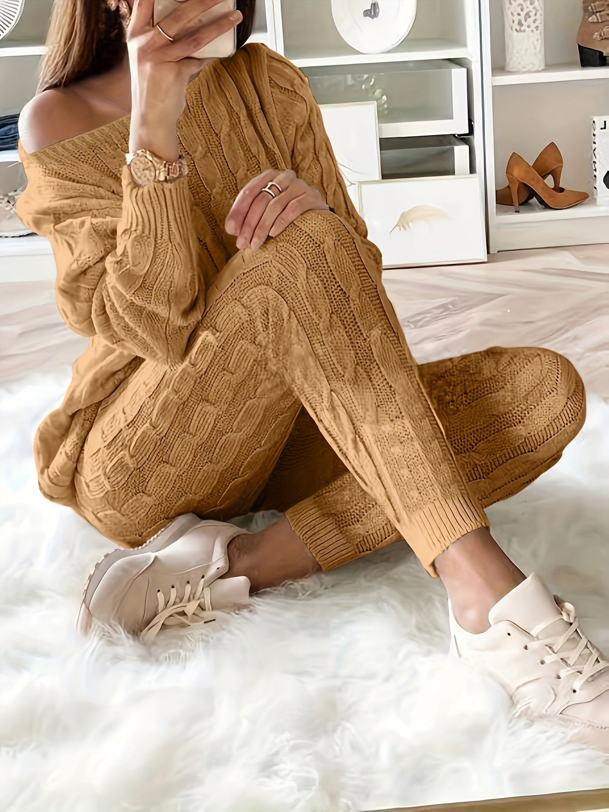 Judith-Clara | Women's Cable Knit Off-Shoulder Lounge Set