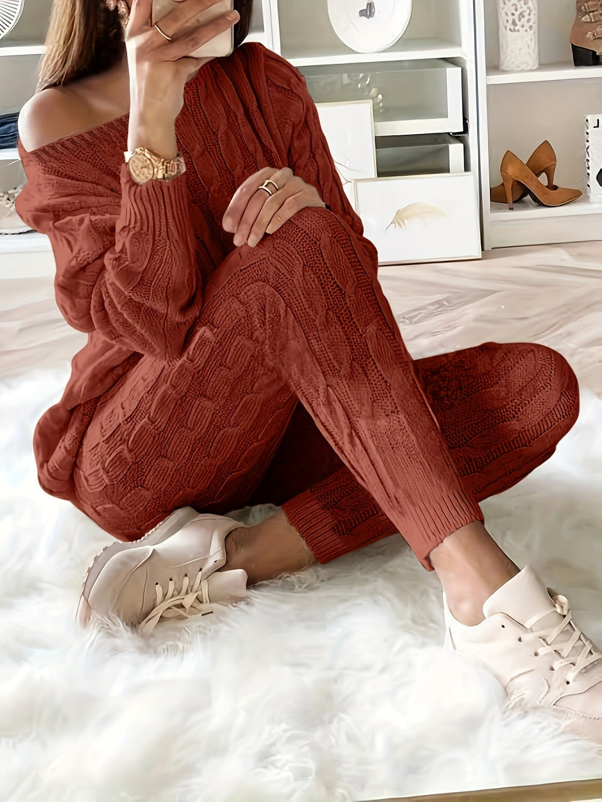 Judith-Clara | Women's Cable Knit Off-Shoulder Lounge Set