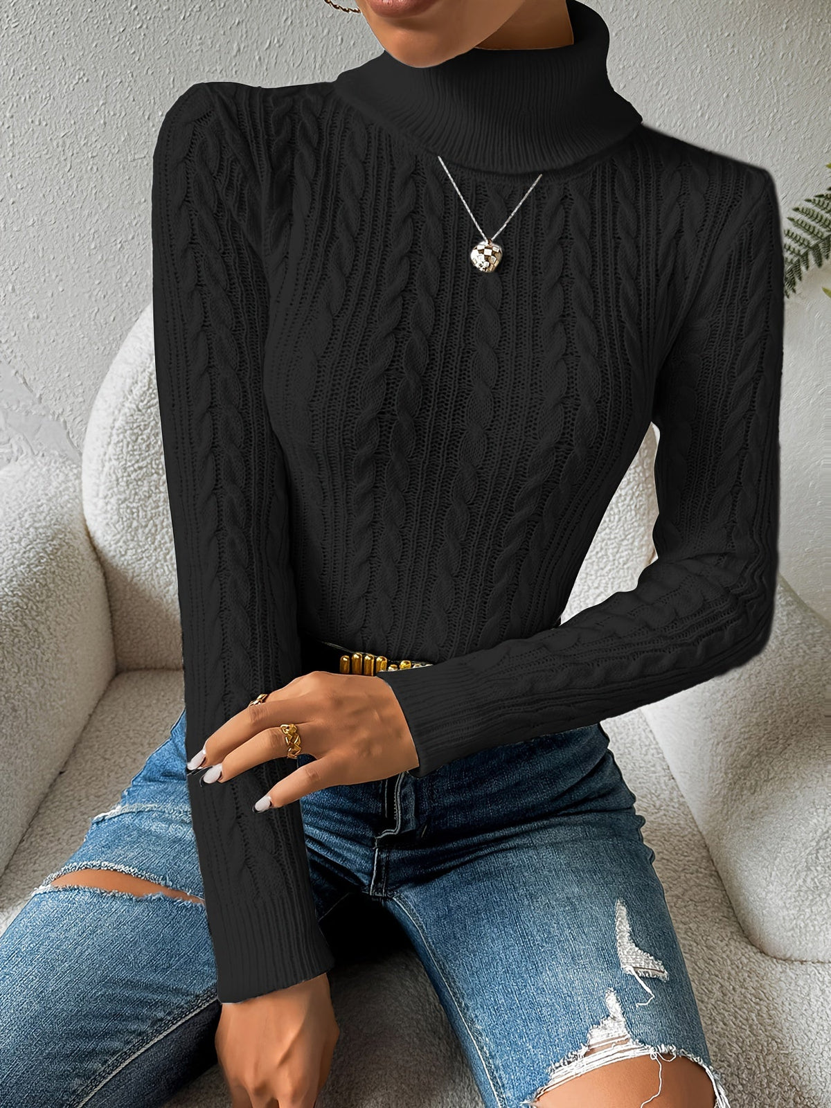 Gloria-Erna | Women's Cable-Knit Turtleneck Slim-Fit Sweater