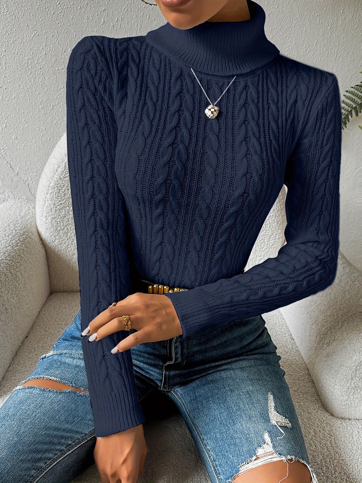 Gloria-Erna | Women's Cable-Knit Turtleneck Slim-Fit Sweater