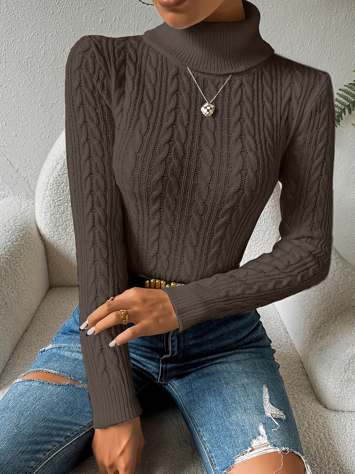 Gloria-Erna | Women's Cable-Knit Turtleneck Slim-Fit Sweater