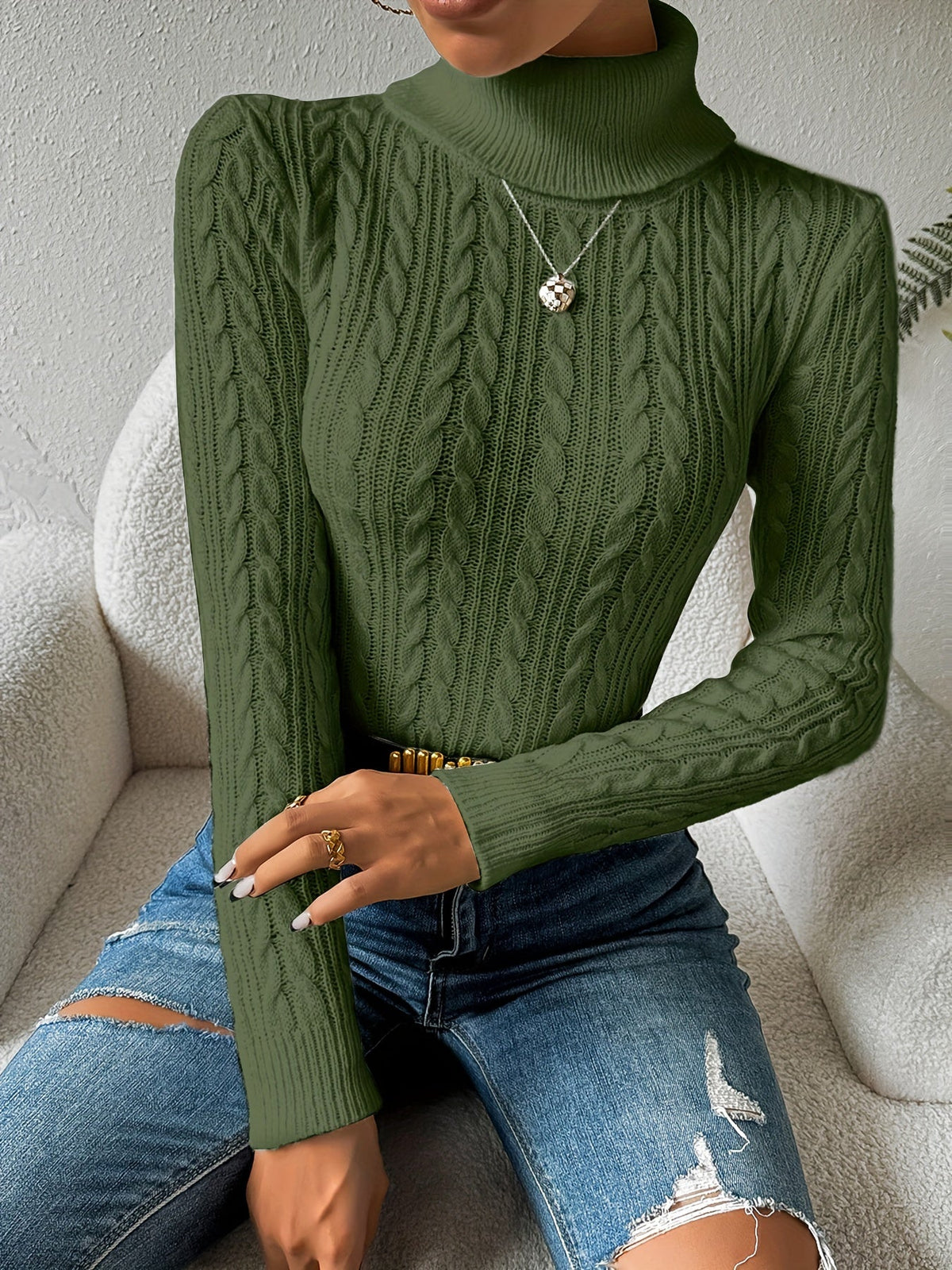 Gloria-Erna | Women's Cable-Knit Turtleneck Slim-Fit Sweater