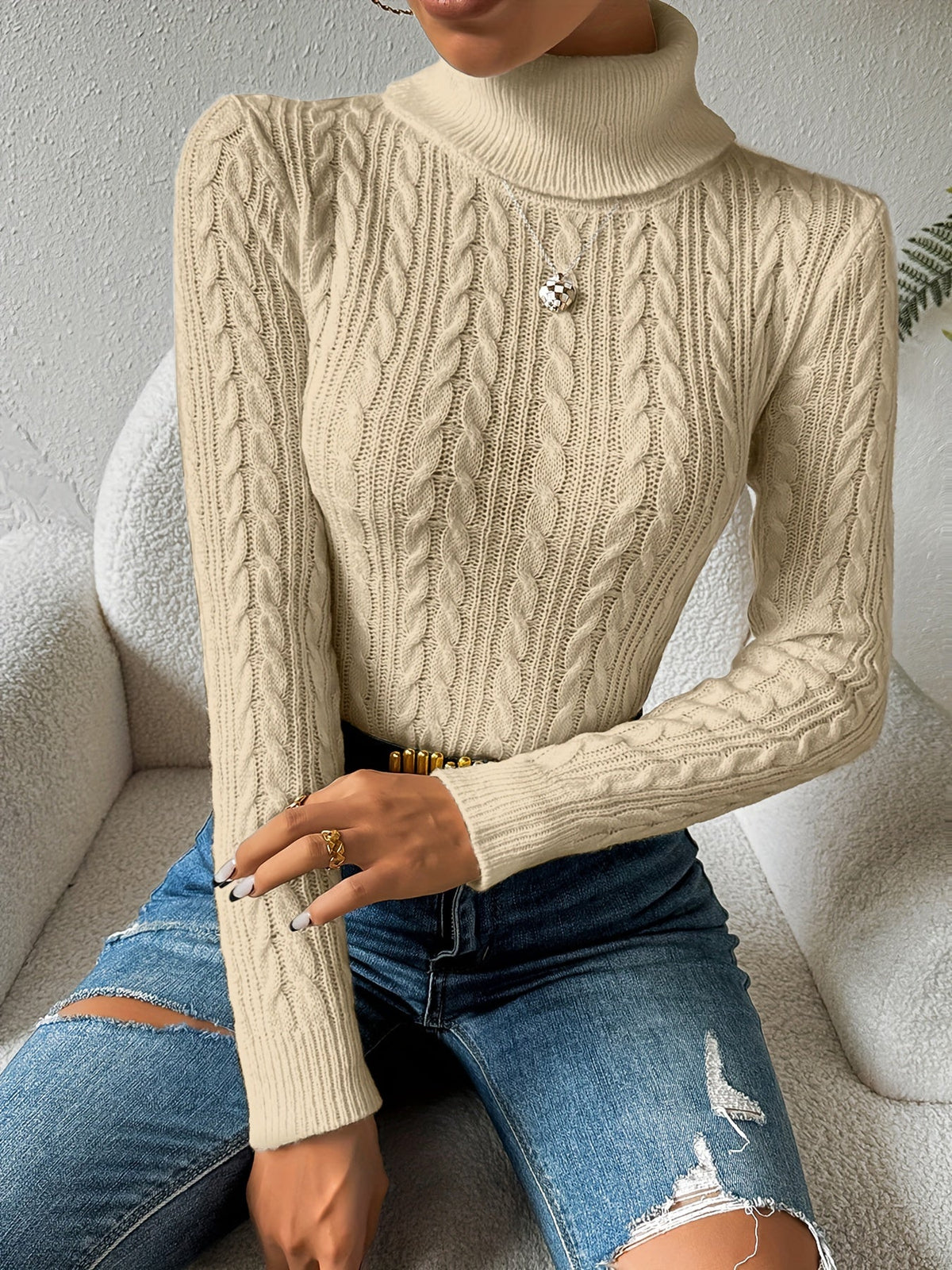 Gloria-Erna | Women's Cable-Knit Turtleneck Slim-Fit Sweater